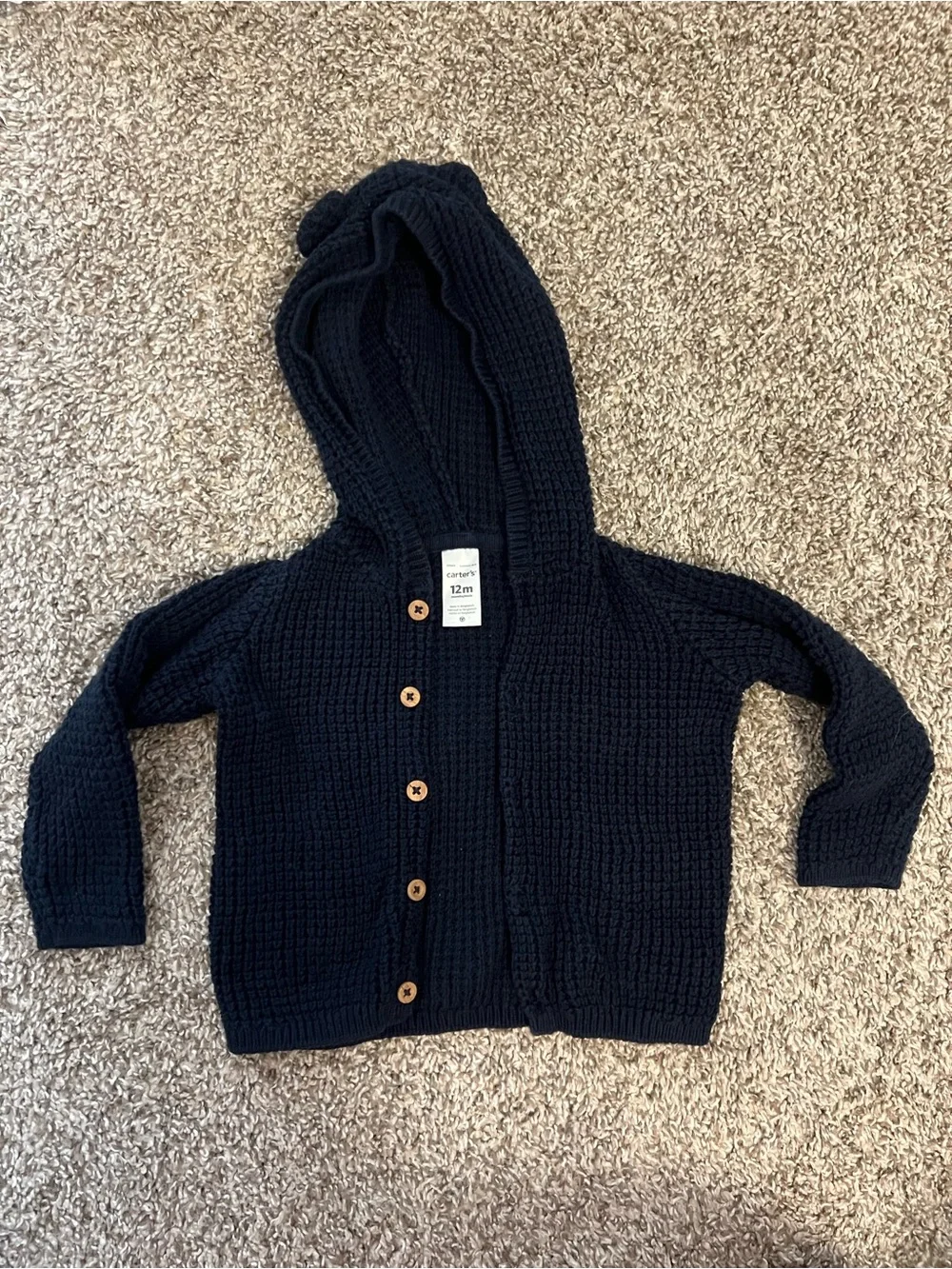 Carter's Navy Hooded Knit Baby Cardigan with Wood Buttons